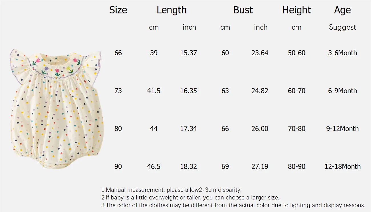 Baby Jumpsuit For 3 To 18 Months Flower Embroidered Colorful Polka Dots Printed Bodysuit