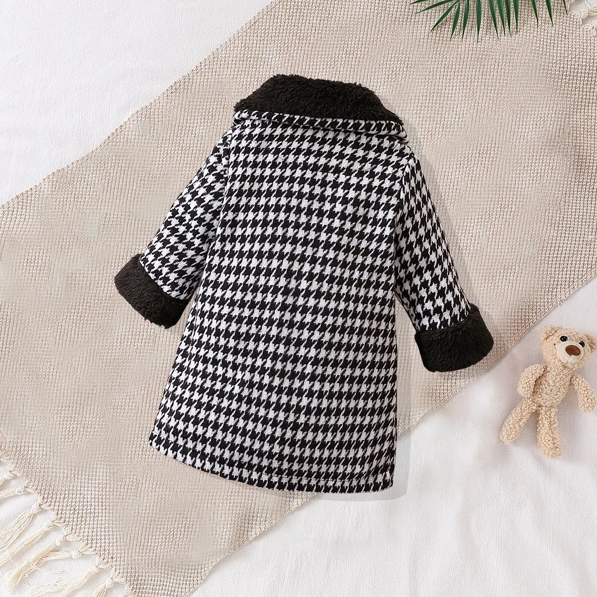 JOPGEEY Baby Girls Two-Piece Set Cute Fashionable Black Checkered Dress with Fur Collar Jacket Outfit