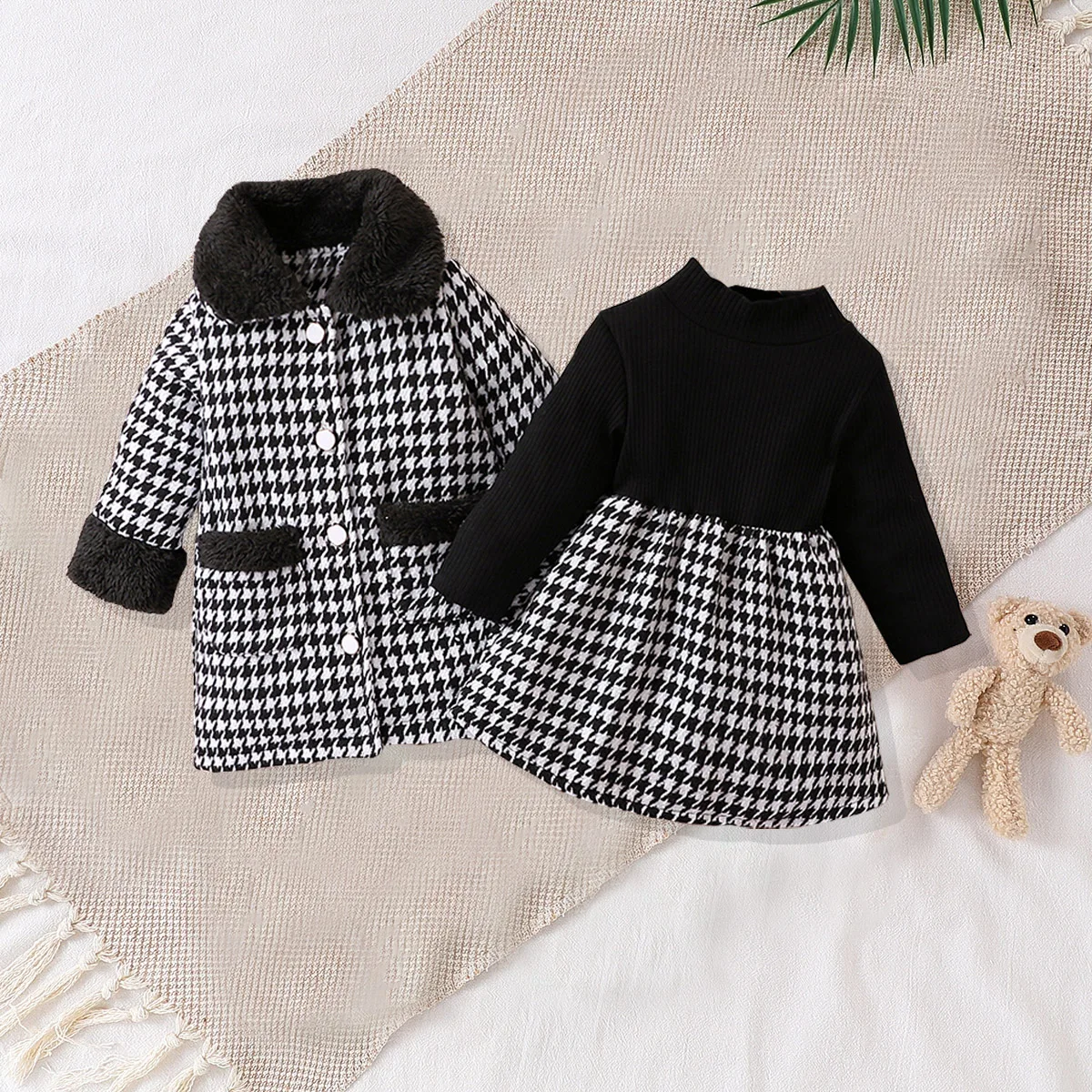 JOPGEEY Baby Girls Two-Piece Set Cute Fashionable Black Checkered Dress with Fur Collar Jacket Outfit