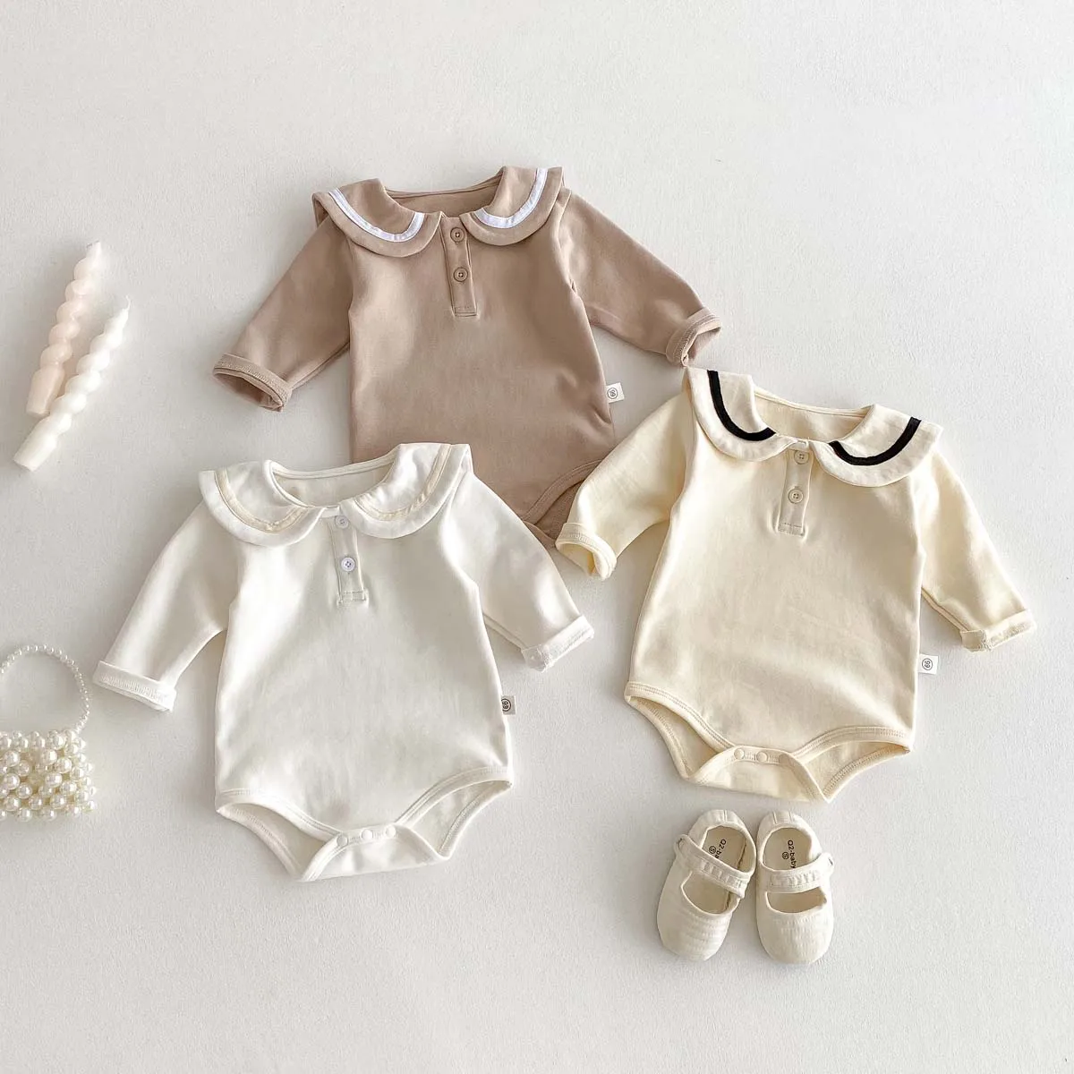 Ins Korean Style Children's Wear Cute College Style Long Sleeve Lapel Jumpsuit Cute Contrast Jumpsuit