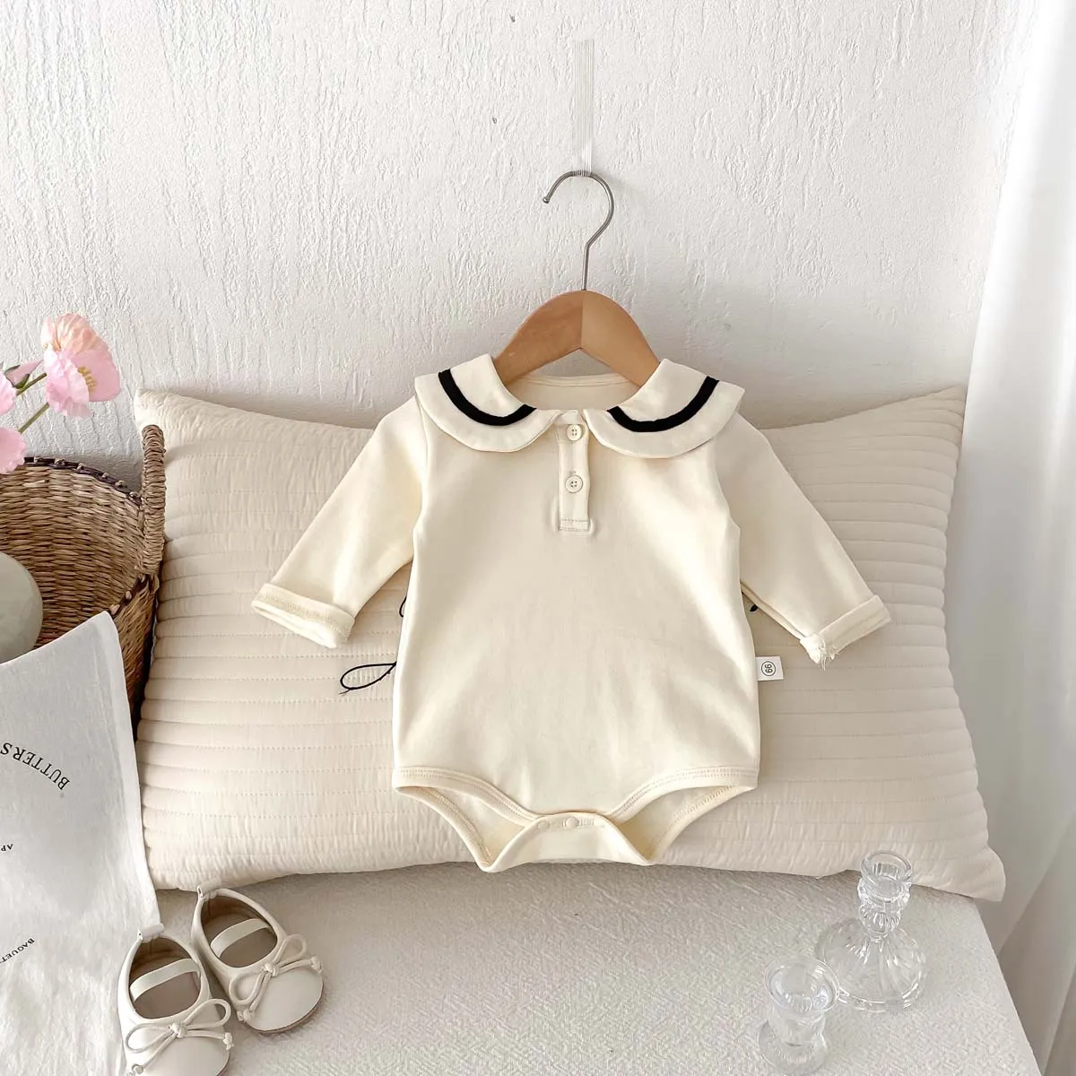 Ins Korean Style Children's Wear Cute College Style Long Sleeve Lapel Jumpsuit Cute Contrast Jumpsuit