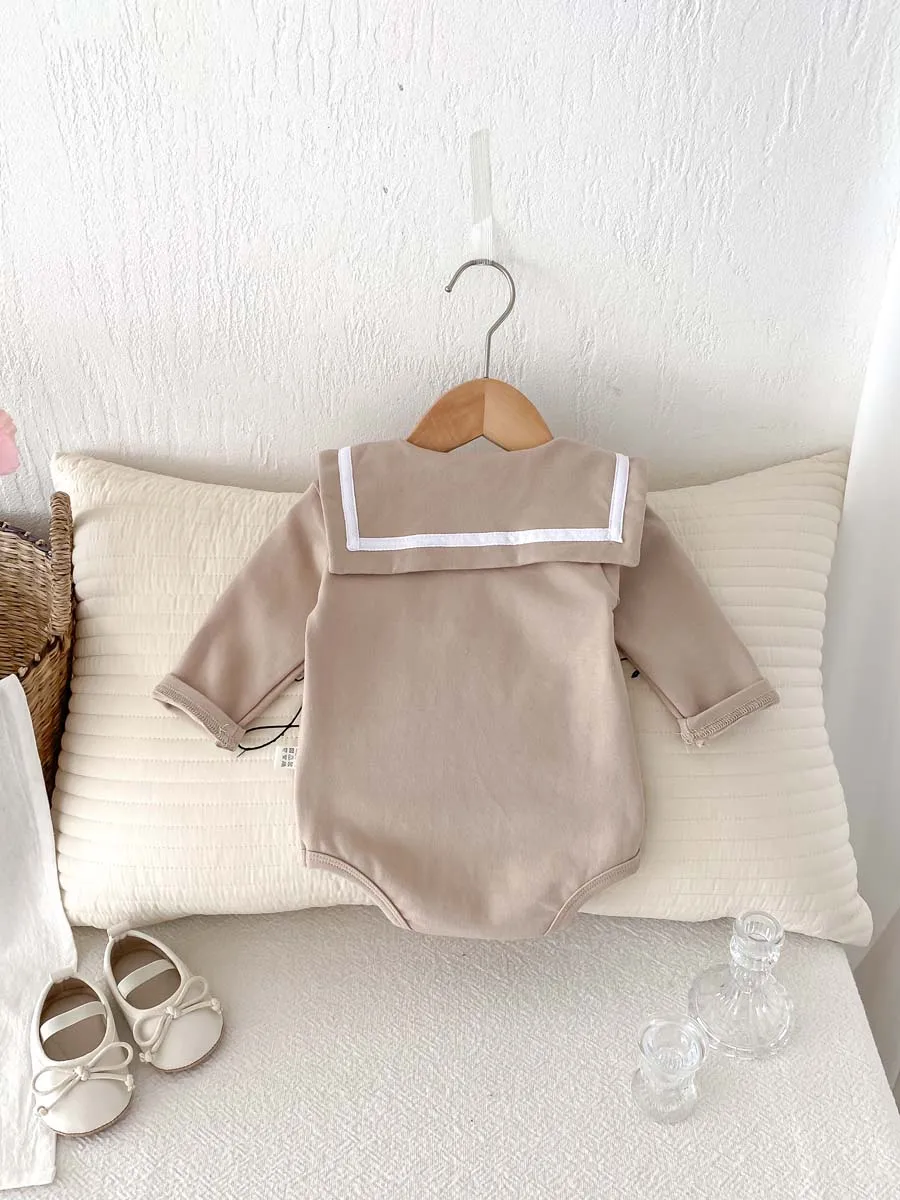 Ins Korean Style Children's Wear Cute College Style Long Sleeve Lapel Jumpsuit Cute Contrast Jumpsuit