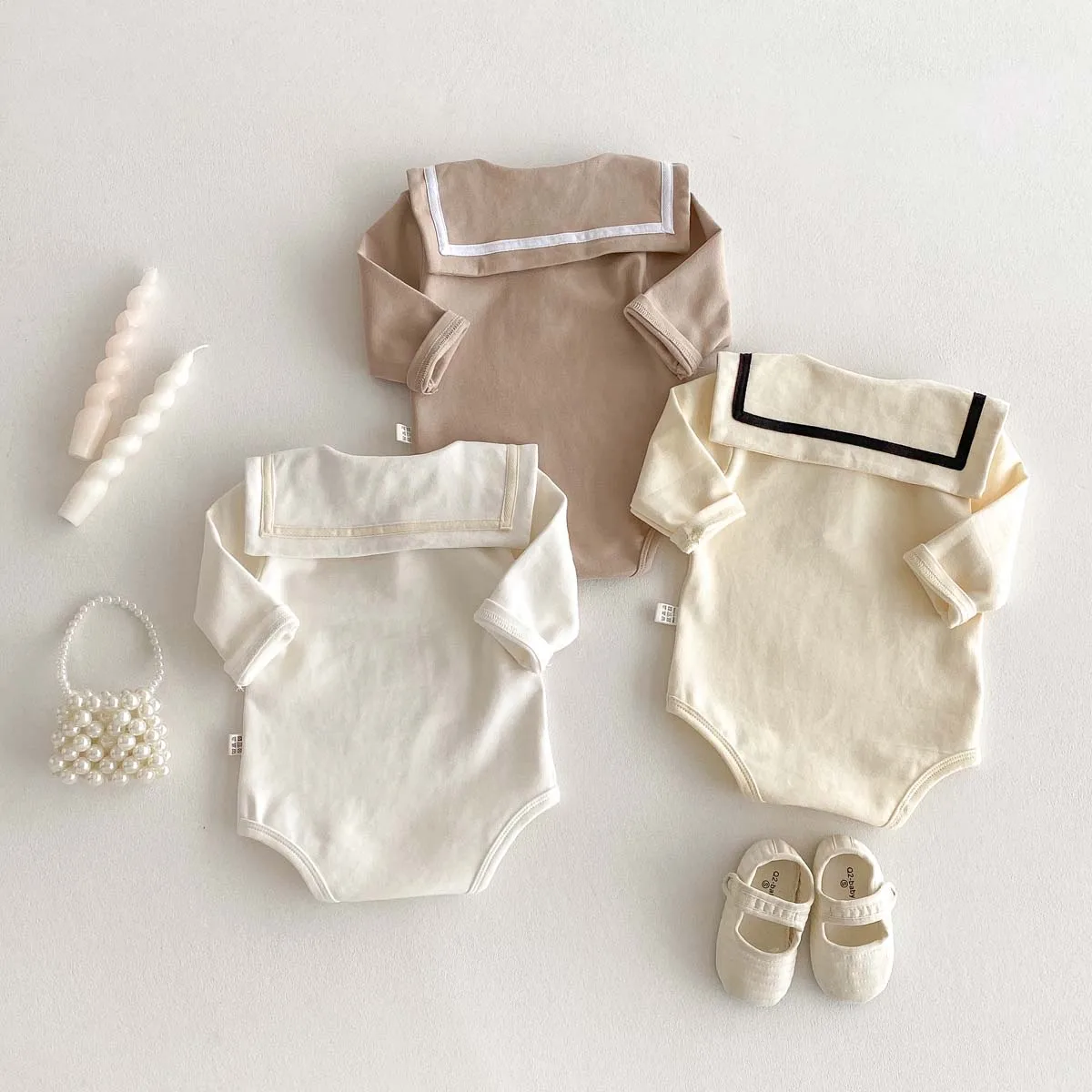 Ins Korean Style Children's Wear Cute College Style Long Sleeve Lapel Jumpsuit Cute Contrast Jumpsuit