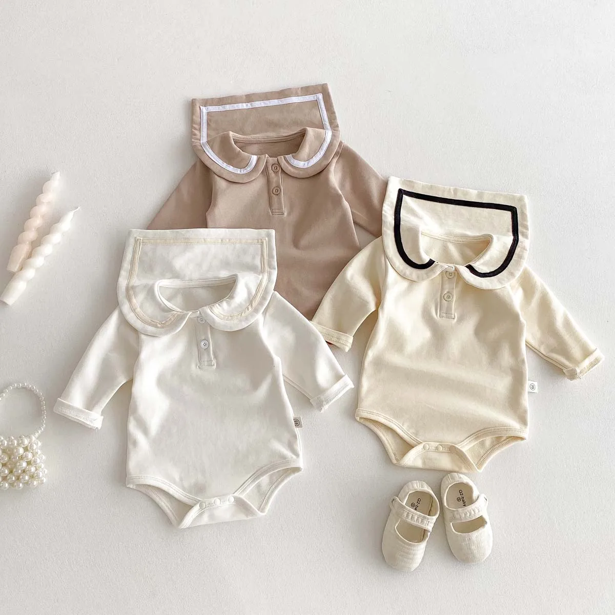 Ins Korean Style Children's Wear Cute College Style Long Sleeve Lapel Jumpsuit Cute Contrast Jumpsuit