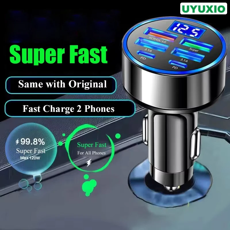 UYUXIO USB C Car Charger Adapter with Voltage Display 6 in 1 Super Fast in Car for iPhone 16 15 Pro Max Samsung Android Phone