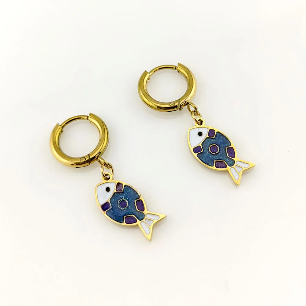 New In Hot 316 Stainless Steel Gold Plated Fish Earrings Woman Sea Animal Pendant Hoop Earrings