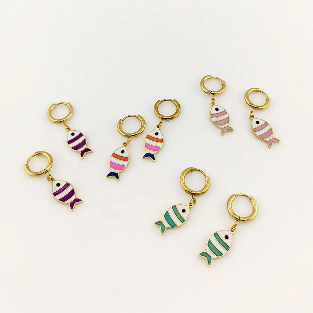 New In Hot 316 Stainless Steel Gold Plated Fish Earrings Woman Sea Animal Pendant Hoop Earrings