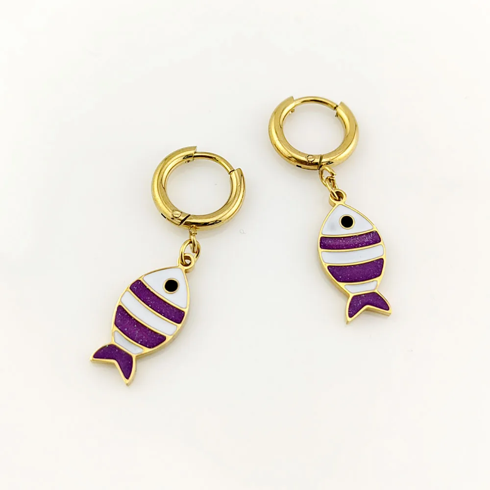 New In Hot 316 Stainless Steel Gold Plated Fish Earrings Woman Sea Animal Pendant Hoop Earrings