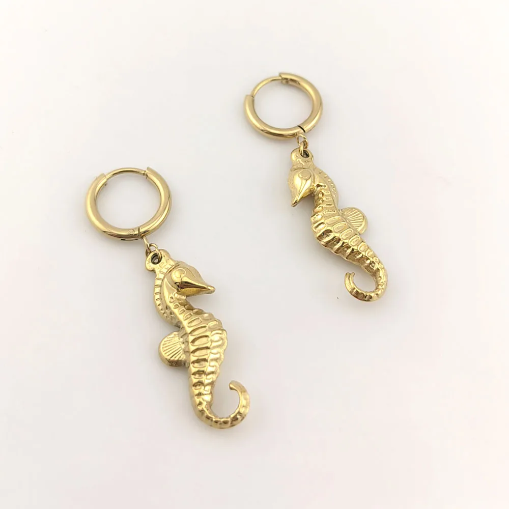 New In Hot 316 Stainless Steel Gold Plated Fish Earrings Woman Sea Animal Pendant Hoop Earrings