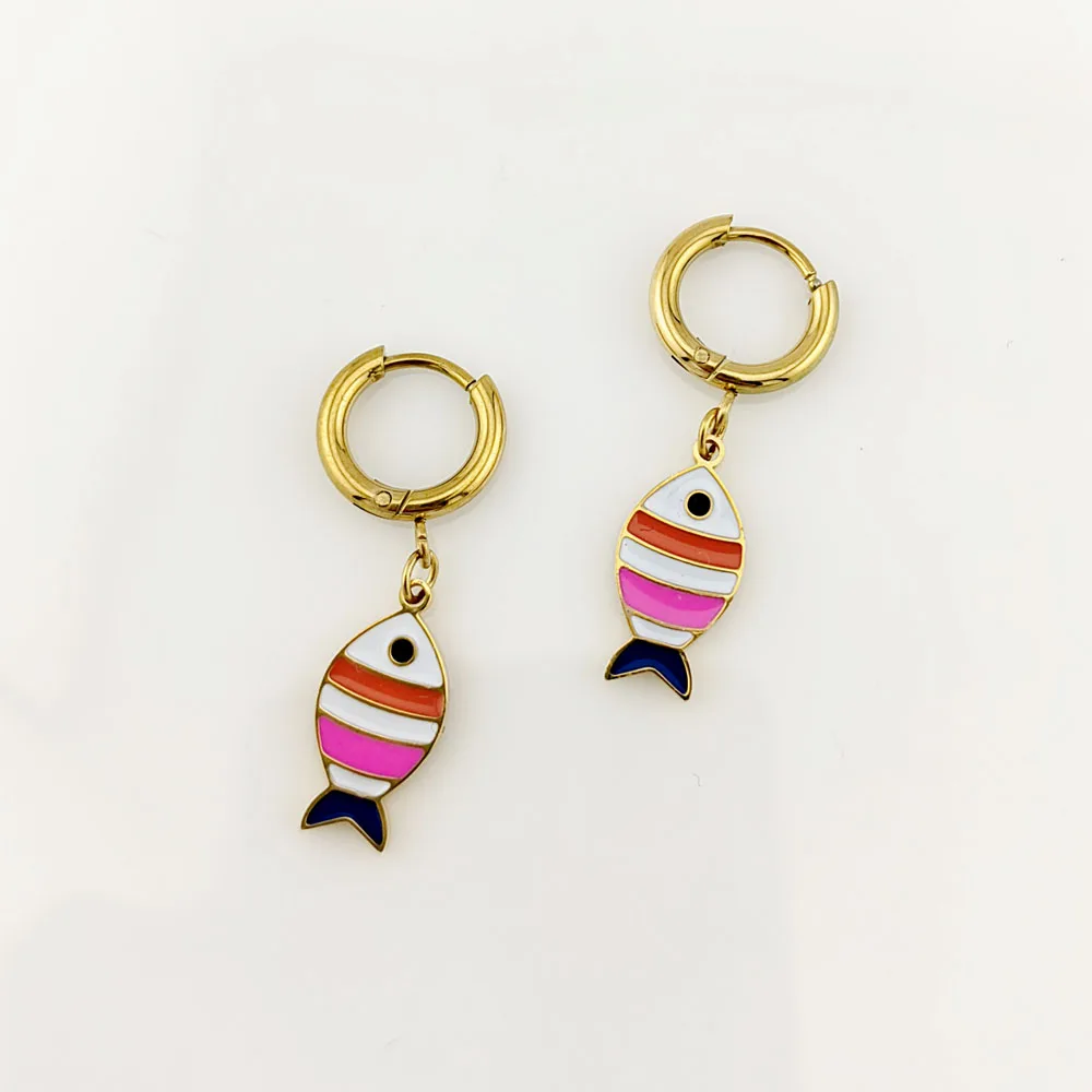 New In Hot 316 Stainless Steel Gold Plated Fish Earrings Woman Sea Animal Pendant Hoop Earrings