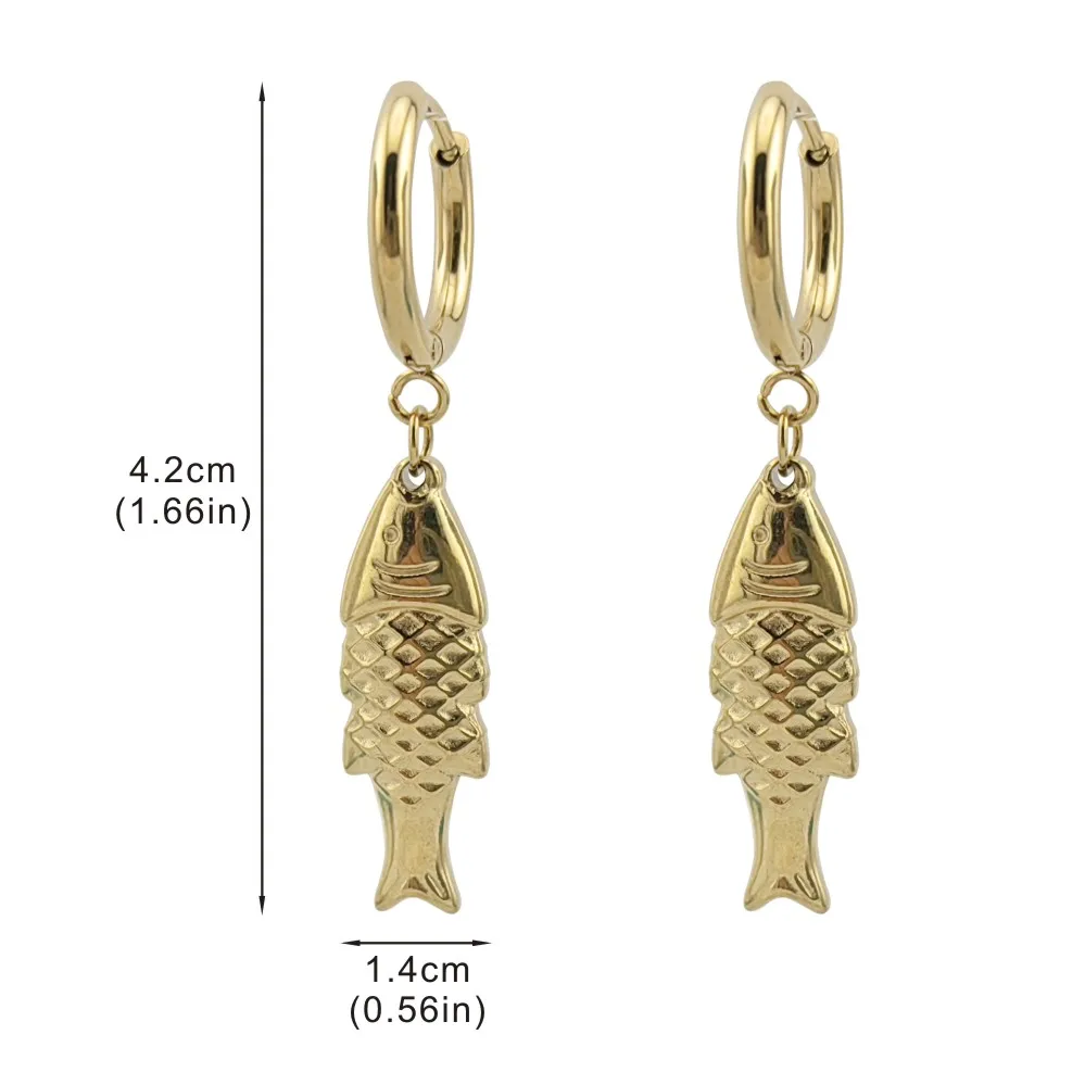 New In Hot 316 Stainless Steel Gold Plated Fish Earrings Woman Sea Animal Pendant Hoop Earrings