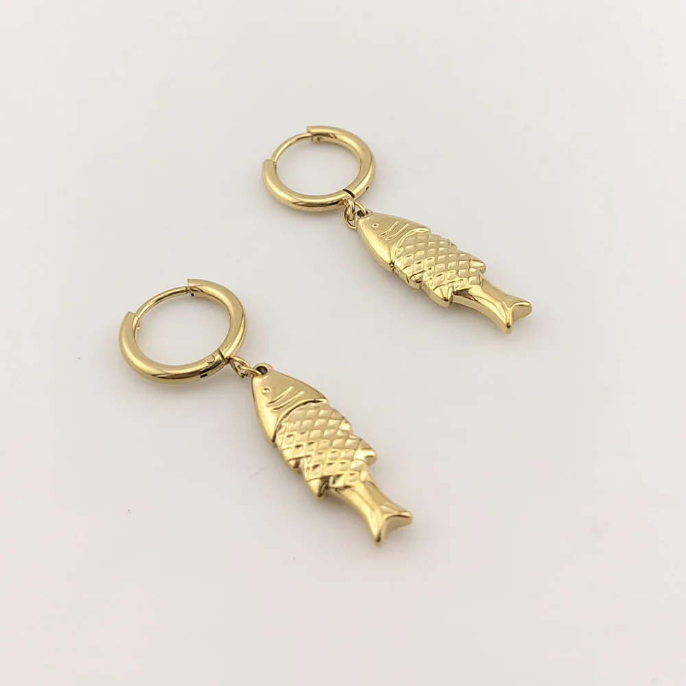 New In Hot 316 Stainless Steel Gold Plated Fish Earrings Woman Sea Animal Pendant Hoop Earrings