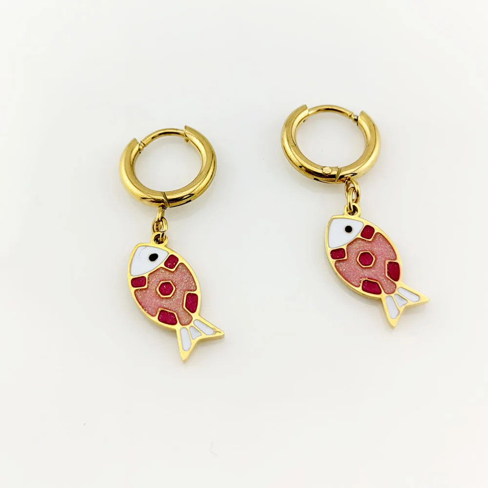 New In Hot 316 Stainless Steel Gold Plated Fish Earrings Woman Sea Animal Pendant Hoop Earrings