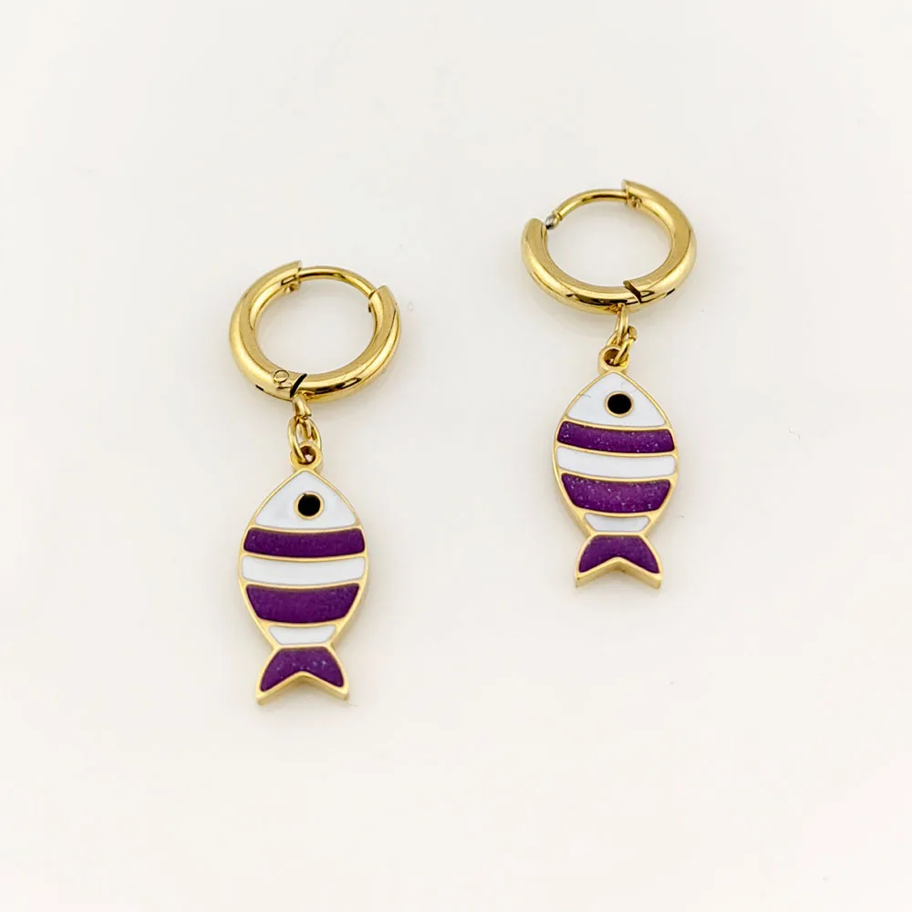 New In Hot 316 Stainless Steel Gold Plated Fish Earrings Woman Sea Animal Pendant Hoop Earrings