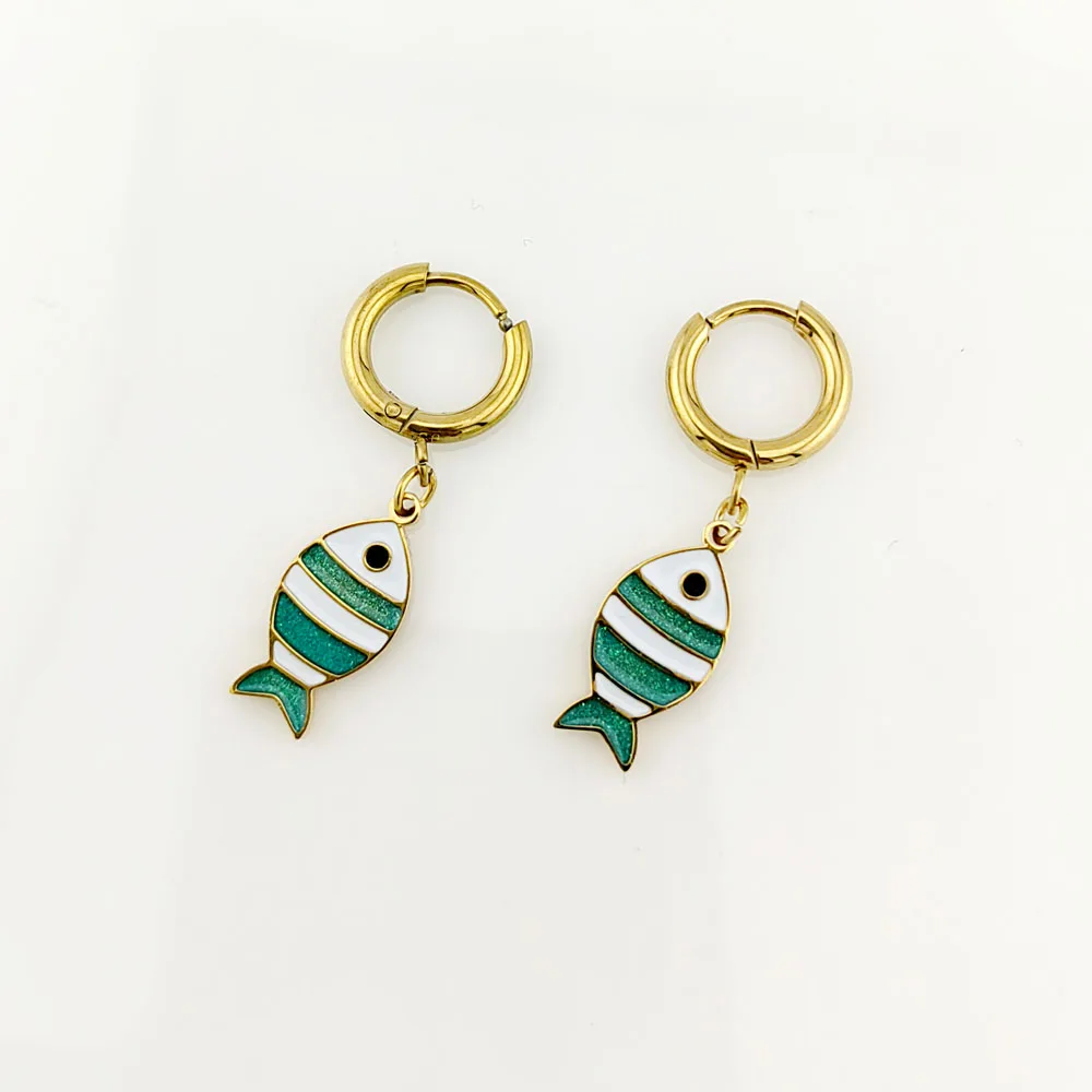 New In Hot 316 Stainless Steel Gold Plated Fish Earrings Woman Sea Animal Pendant Hoop Earrings