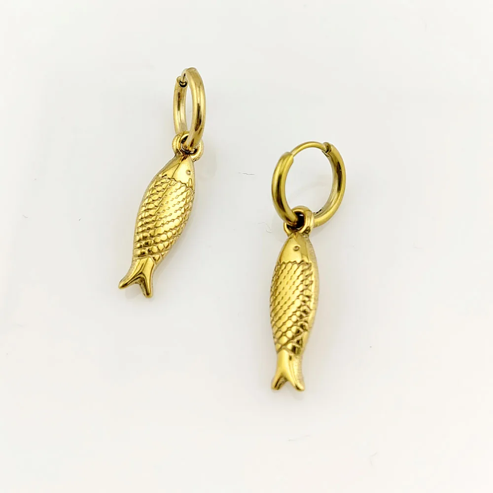 New In Hot 316 Stainless Steel Gold Plated Fish Earrings Woman Sea Animal Pendant Hoop Earrings