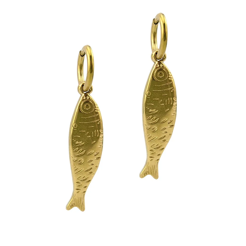 New In Hot 316 Stainless Steel Gold Plated Fish Earrings Woman Sea Animal Pendant Hoop Earrings