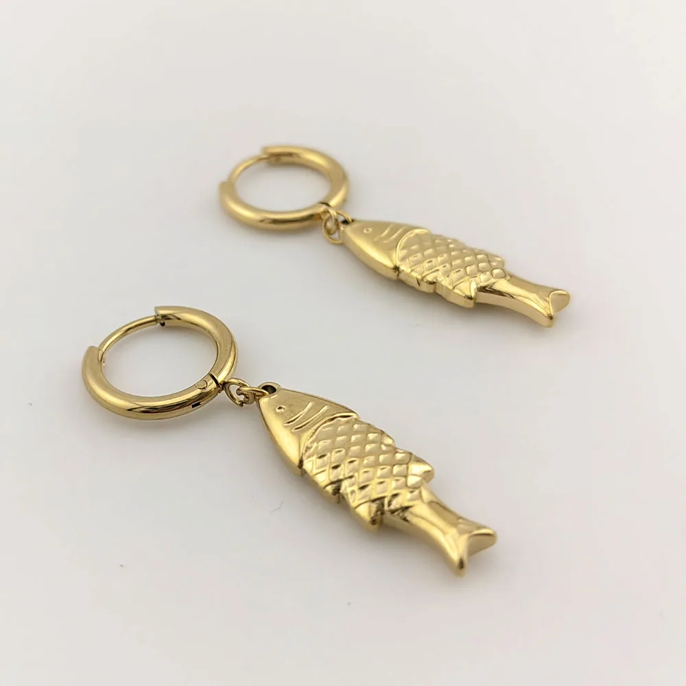 New In Hot 316 Stainless Steel Gold Plated Fish Earrings Woman Sea Animal Pendant Hoop Earrings