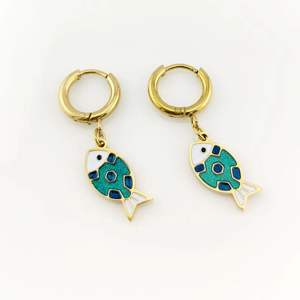 New In Hot 316 Stainless Steel Gold Plated Fish Earrings Woman Sea Animal Pendant Hoop Earrings