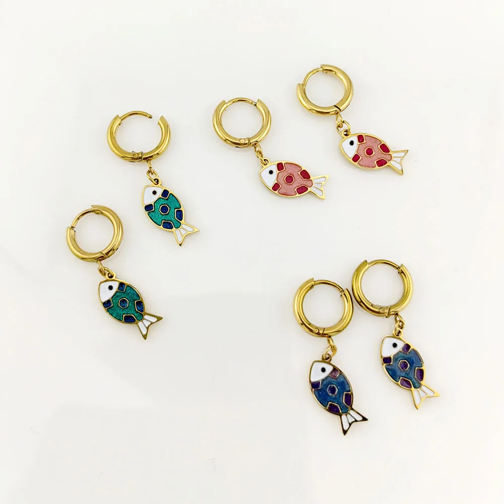 New In Hot 316 Stainless Steel Gold Plated Fish Earrings Woman Sea Animal Pendant Hoop Earrings