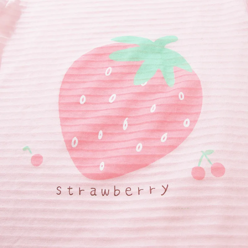 2Pcs Girls Home Underwear Set Cute Strawberry Print Round Neck Long Sleeve Trousers Comfy 100% Cotton Pajamas Set