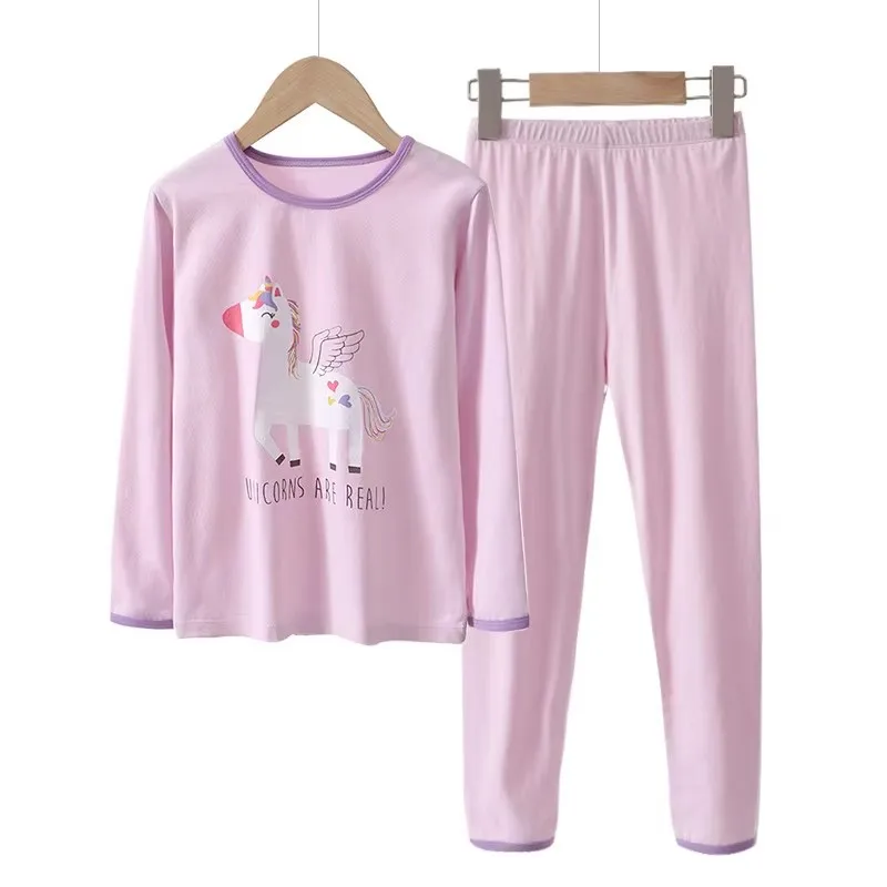 2Pcs Girls Home Underwear Set Cute Strawberry Print Round Neck Long Sleeve Trousers Comfy 100% Cotton Pajamas Set