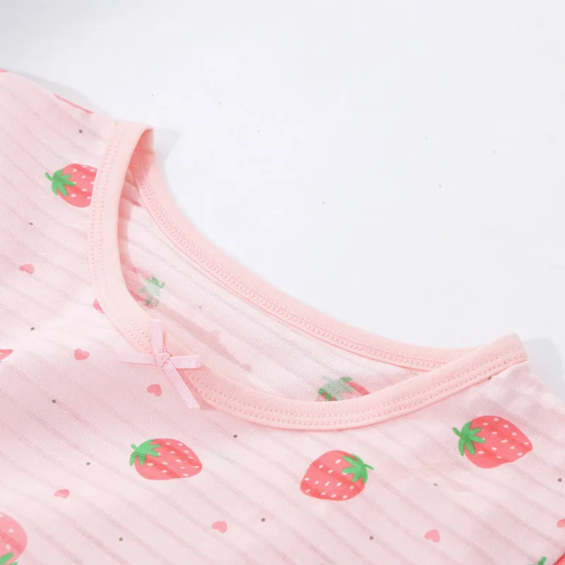2Pcs Girls Home Underwear Set Cute Strawberry Print Round Neck Long Sleeve Trousers Comfy 100% Cotton Pajamas Set