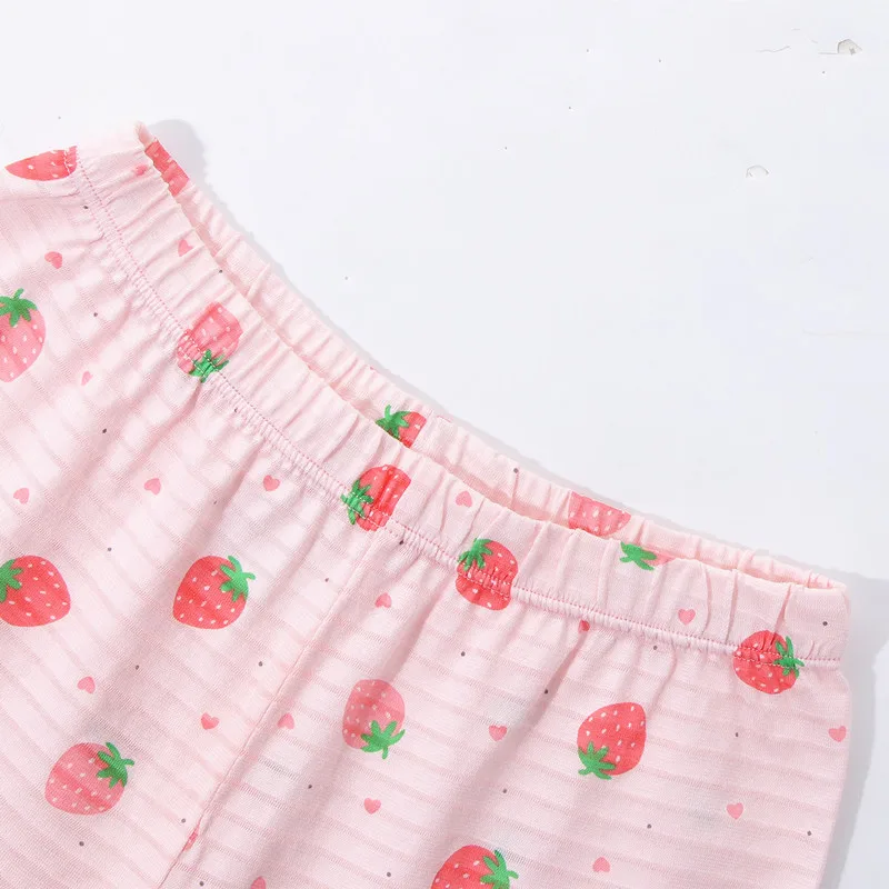 2Pcs Girls Home Underwear Set Cute Strawberry Print Round Neck Long Sleeve Trousers Comfy 100% Cotton Pajamas Set