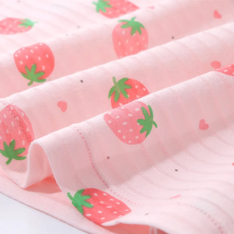 2Pcs Girls Home Underwear Set Cute Strawberry Print Round Neck Long Sleeve Trousers Comfy 100% Cotton Pajamas Set