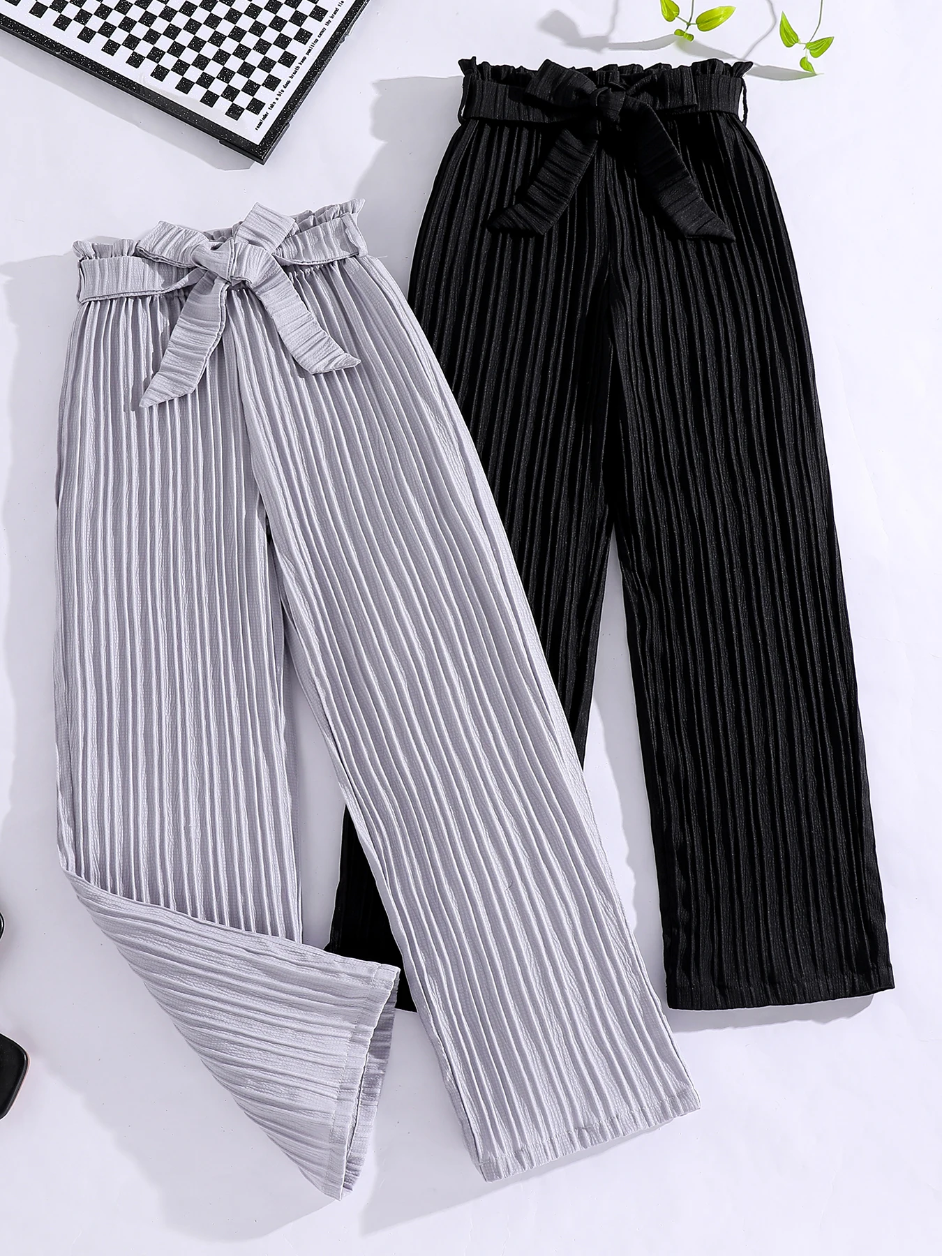 Spring and autumn girl fashion pit strip loose straight leg loose wide leg casual pants 2 pieces