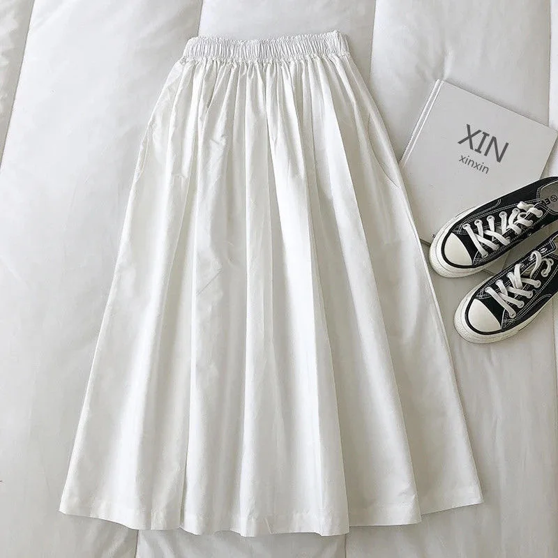 Women White Long Skirt Fashion Pockets Pleated Knee Length Skirts Autumn 2024 New Casual Elegant High Waist A Line Femme Skirts