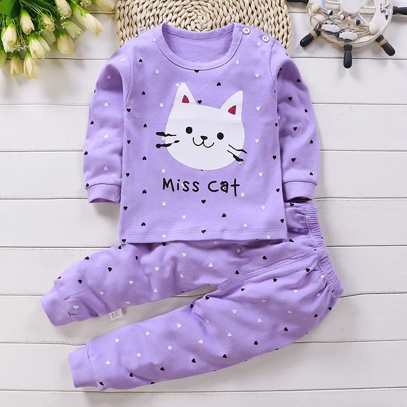 Girls Pink Pajamas Suits Long Sleeve Underwear New Child Casual Cotton Soft Tops+Pants Baby Cartoon Print Home Wear Two Piece