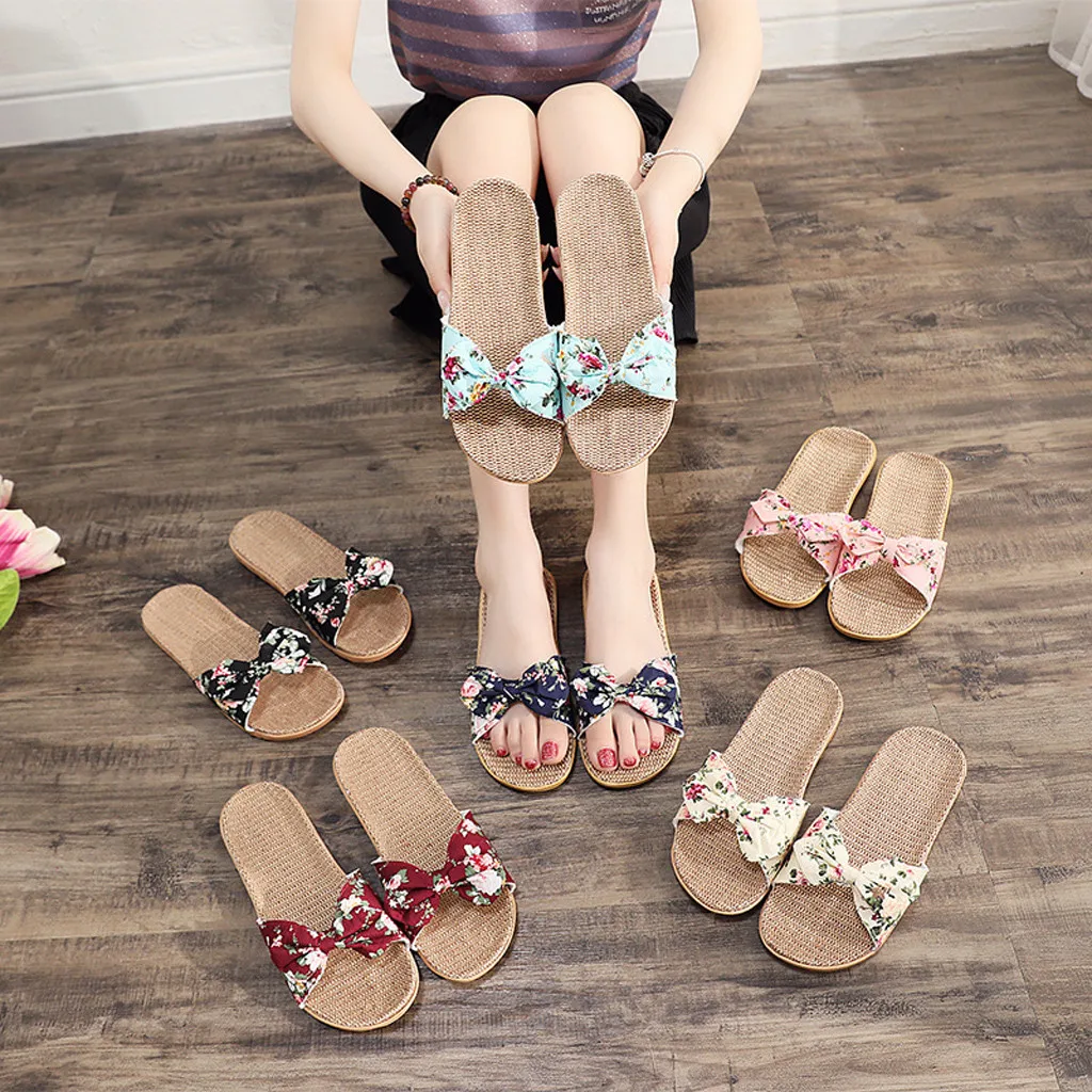 Shoes For Woman Sandalias Mujer Women Female Bowknot Flax Linen Flip Flops Beach Shoes Sandals Slipper Chaussures Femme