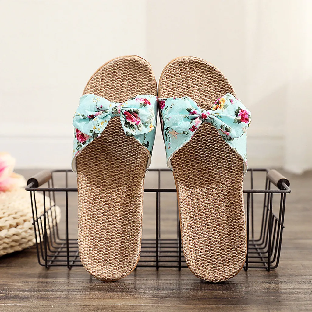 Shoes For Woman Sandalias Mujer Women Female Bowknot Flax Linen Flip Flops Beach Shoes Sandals Slipper Chaussures Femme