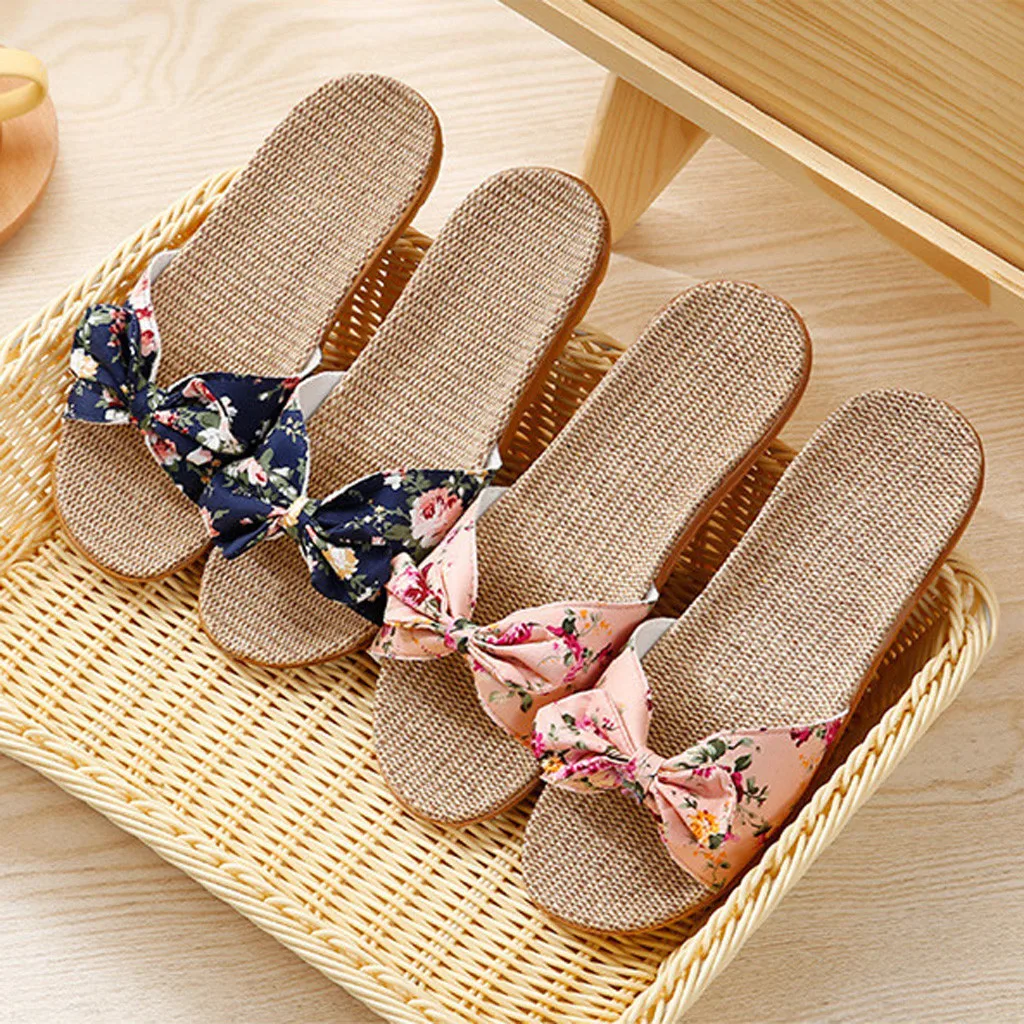 Shoes For Woman Sandalias Mujer Women Female Bowknot Flax Linen Flip Flops Beach Shoes Sandals Slipper Chaussures Femme