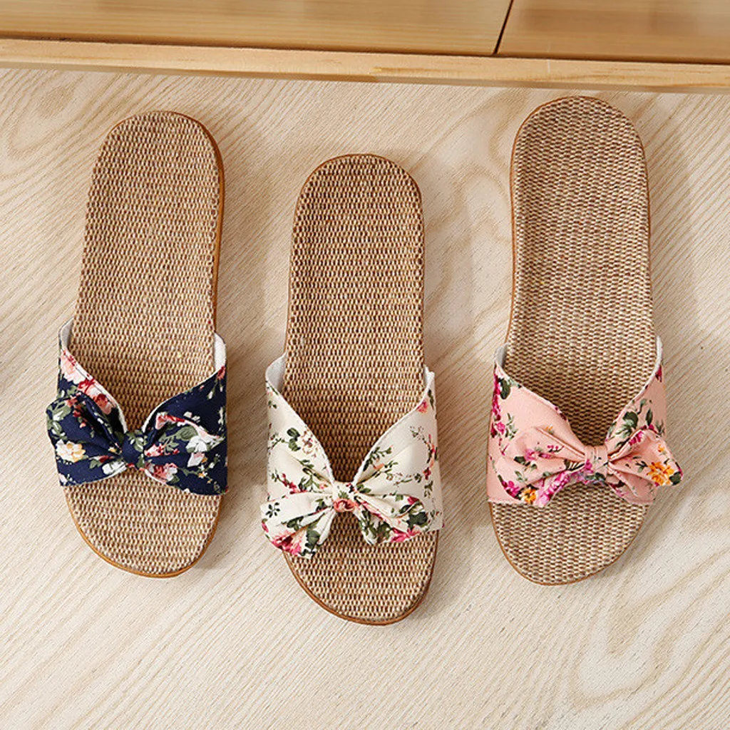 Shoes For Woman Sandalias Mujer Women Female Bowknot Flax Linen Flip Flops Beach Shoes Sandals Slipper Chaussures Femme