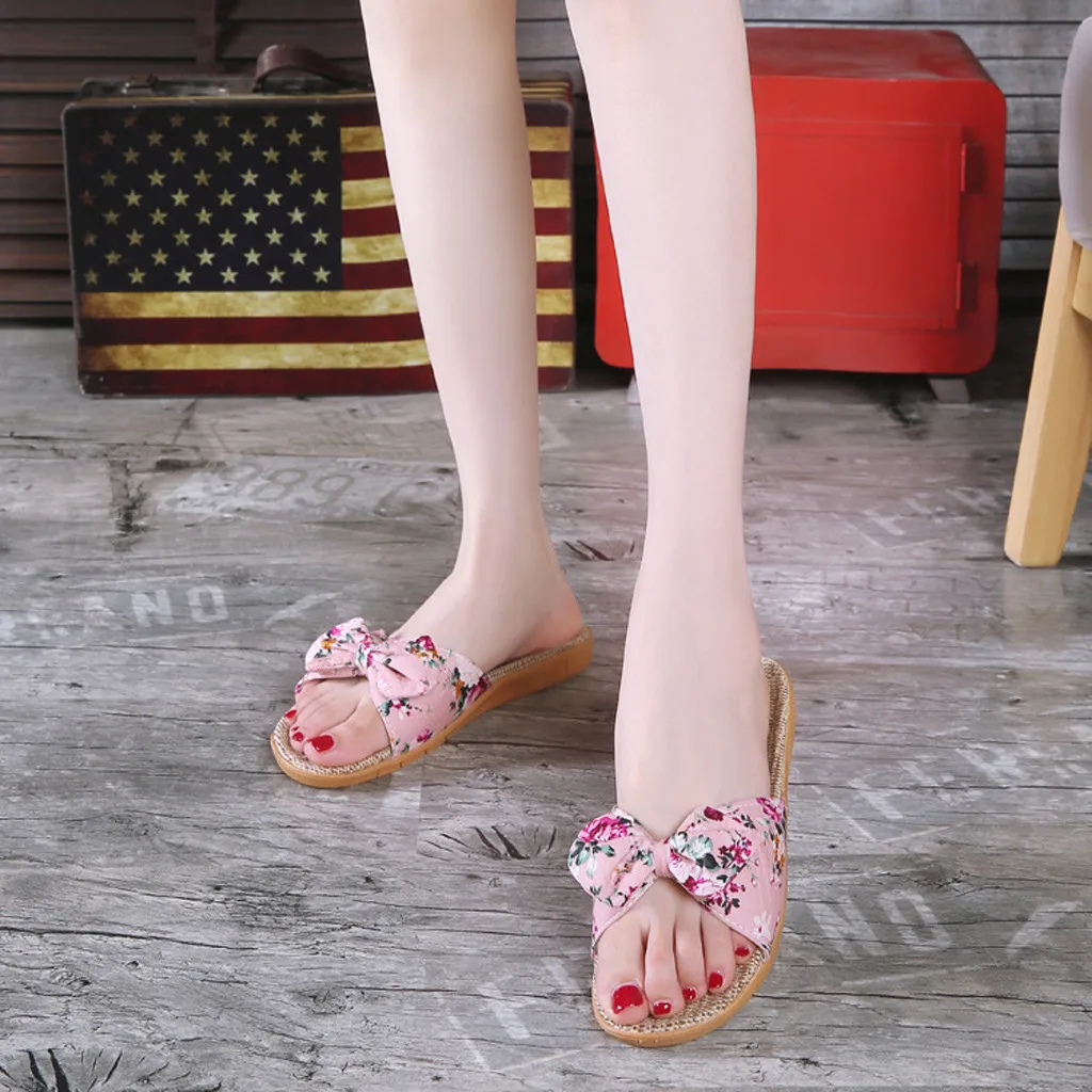 Shoes For Woman Sandalias Mujer Women Female Bowknot Flax Linen Flip Flops Beach Shoes Sandals Slipper Chaussures Femme