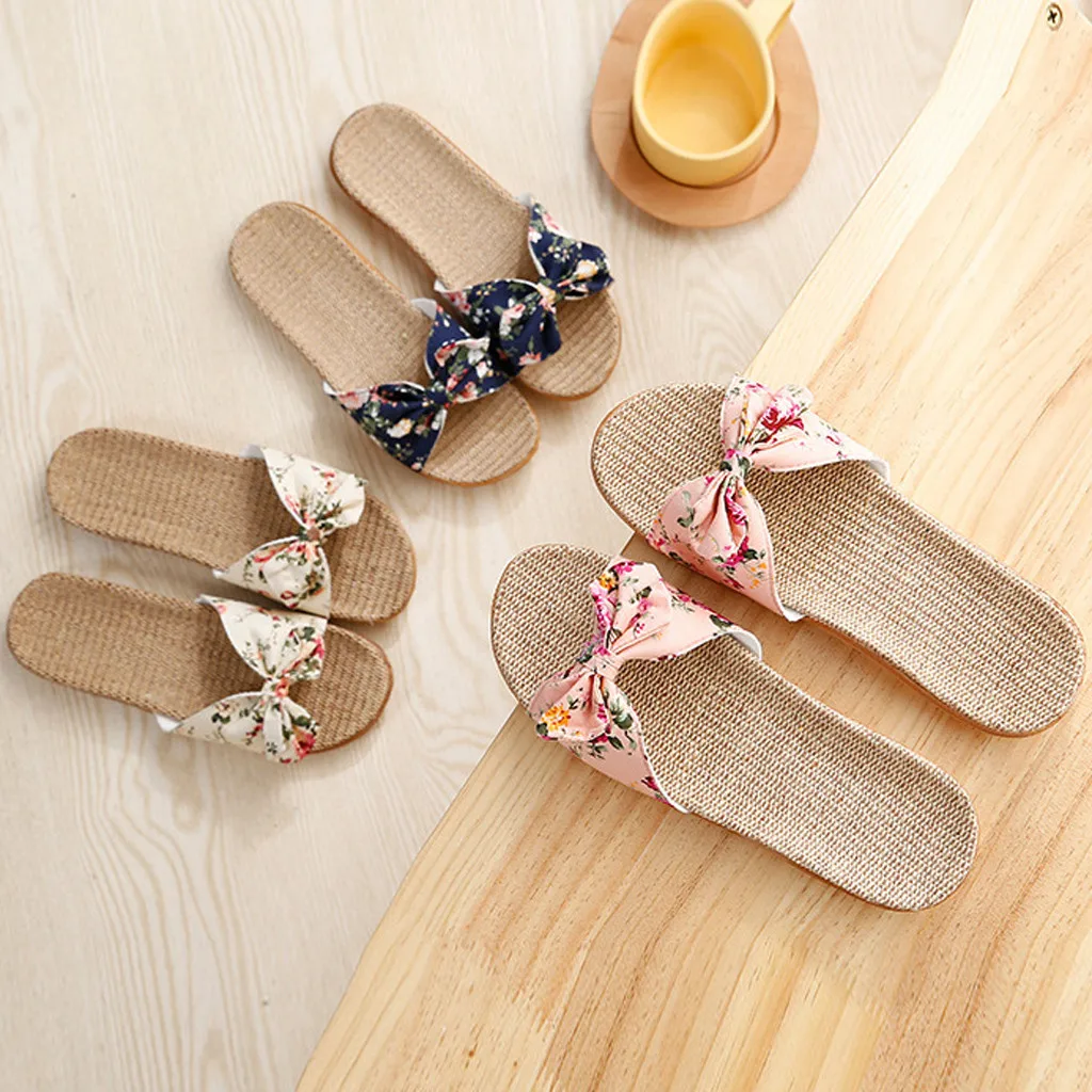 Shoes For Woman Sandalias Mujer Women Female Bowknot Flax Linen Flip Flops Beach Shoes Sandals Slipper Chaussures Femme