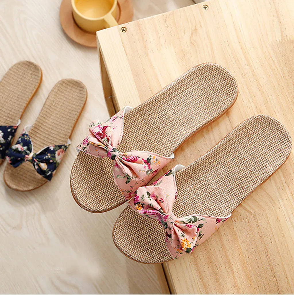 Shoes For Woman Sandalias Mujer Women Female Bowknot Flax Linen Flip Flops Beach Shoes Sandals Slipper Chaussures Femme