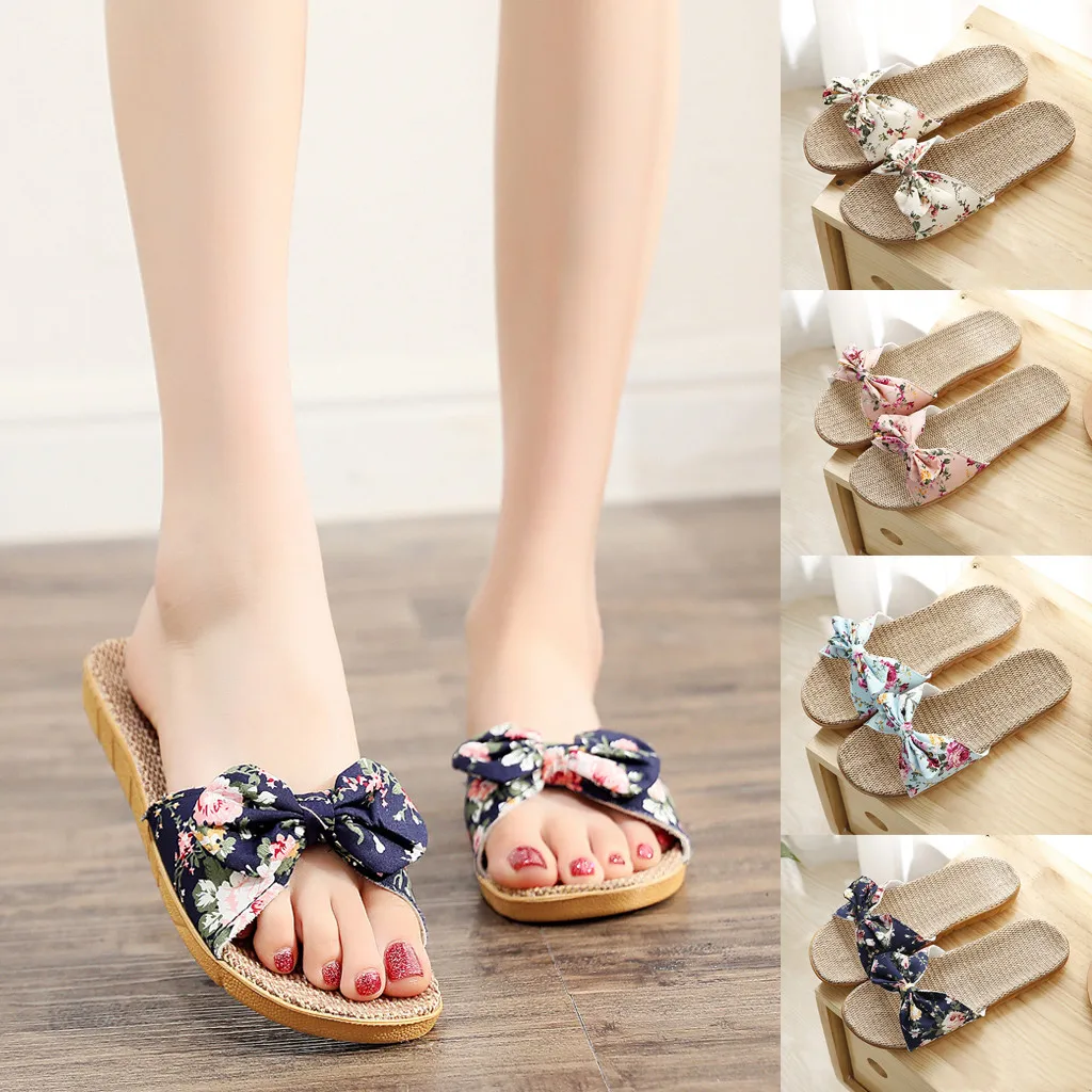 Shoes For Woman Sandalias Mujer Women Female Bowknot Flax Linen Flip Flops Beach Shoes Sandals Slipper Chaussures Femme