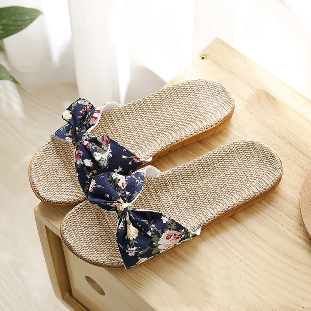 Shoes For Woman Sandalias Mujer Women Female Bowknot Flax Linen Flip Flops Beach Shoes Sandals Slipper Chaussures Femme