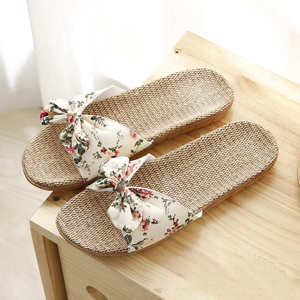 Shoes For Woman Sandalias Mujer Women Female Bowknot Flax Linen Flip Flops Beach Shoes Sandals Slipper Chaussures Femme