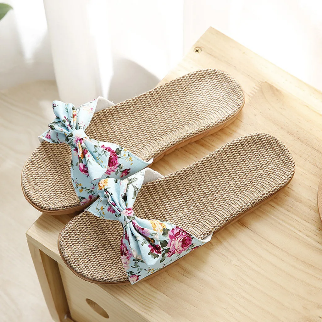 Shoes For Woman Sandalias Mujer Women Female Bowknot Flax Linen Flip Flops Beach Shoes Sandals Slipper Chaussures Femme