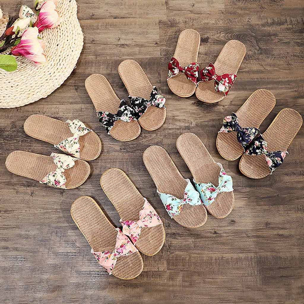 Shoes For Woman Sandalias Mujer Women Female Bowknot Flax Linen Flip Flops Beach Shoes Sandals Slipper Chaussures Femme