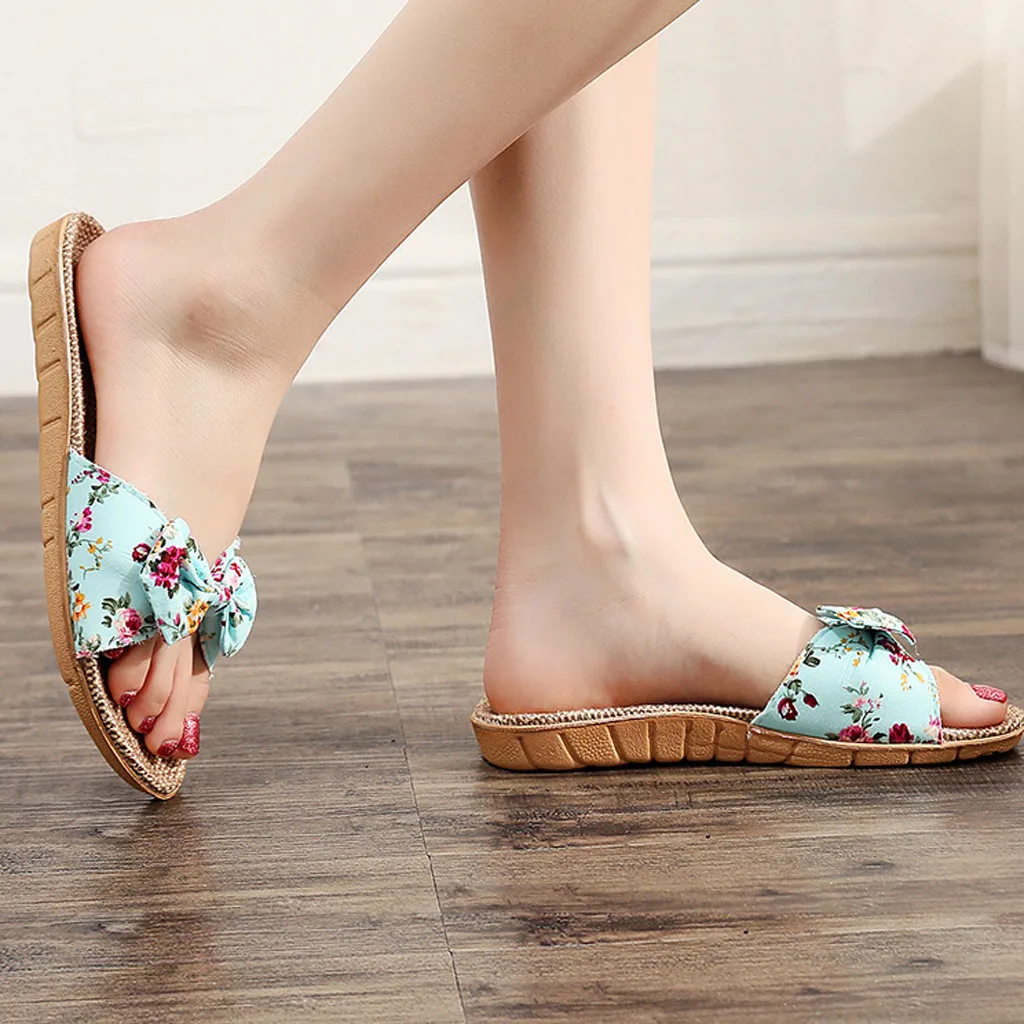 Shoes For Woman Sandalias Mujer Women Female Bowknot Flax Linen Flip Flops Beach Shoes Sandals Slipper Chaussures Femme