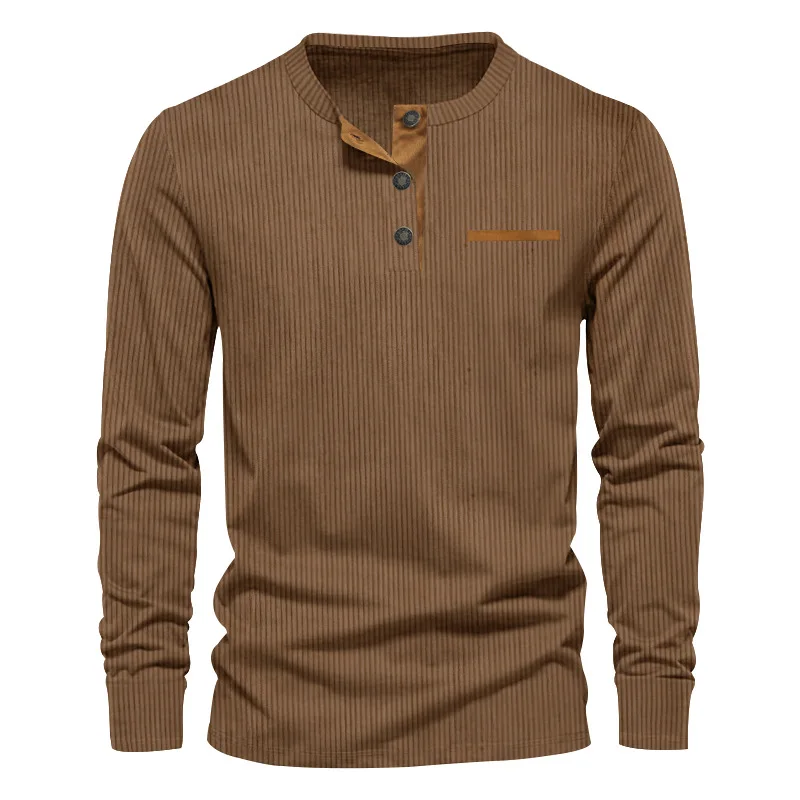 New Men's Long Sleeve T-shirt Spring And Autumn Comfortable Corduroy Fake Pocket Daily Casual Henry Shirt Fashion Men's Clothing