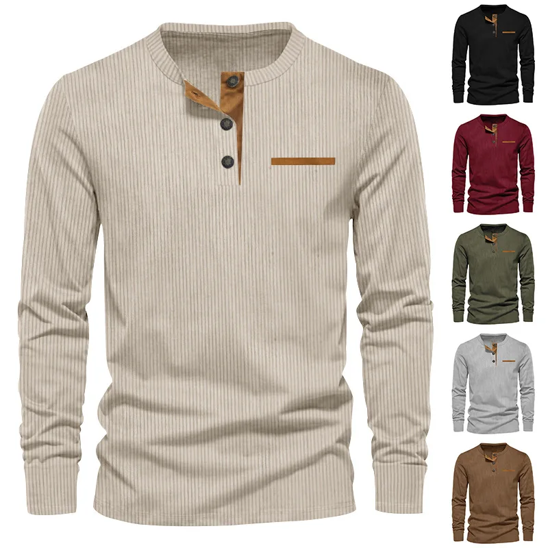 New Men's Long Sleeve T-shirt Spring And Autumn Comfortable Corduroy Fake Pocket Daily Casual Henry Shirt Fashion Men's Clothing