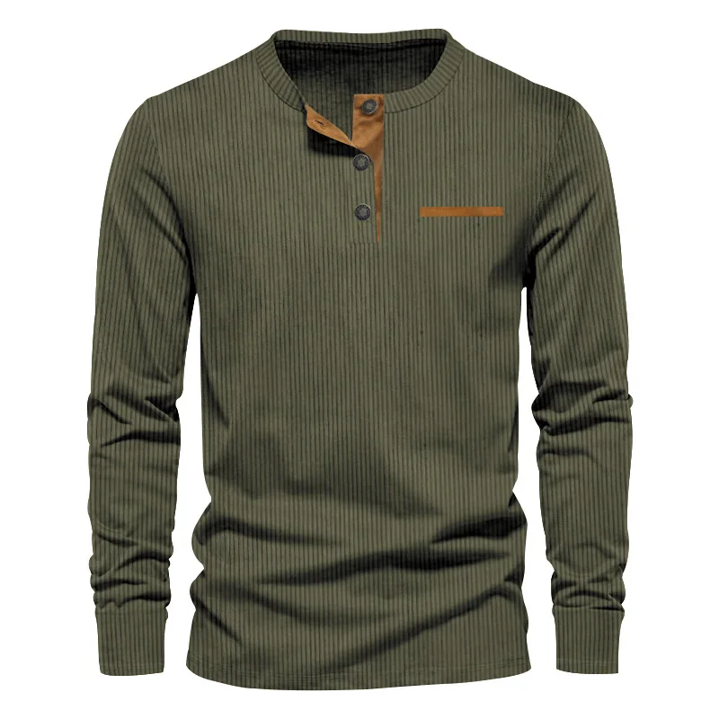 New Men's Long Sleeve T-shirt Spring And Autumn Comfortable Corduroy Fake Pocket Daily Casual Henry Shirt Fashion Men's Clothing
