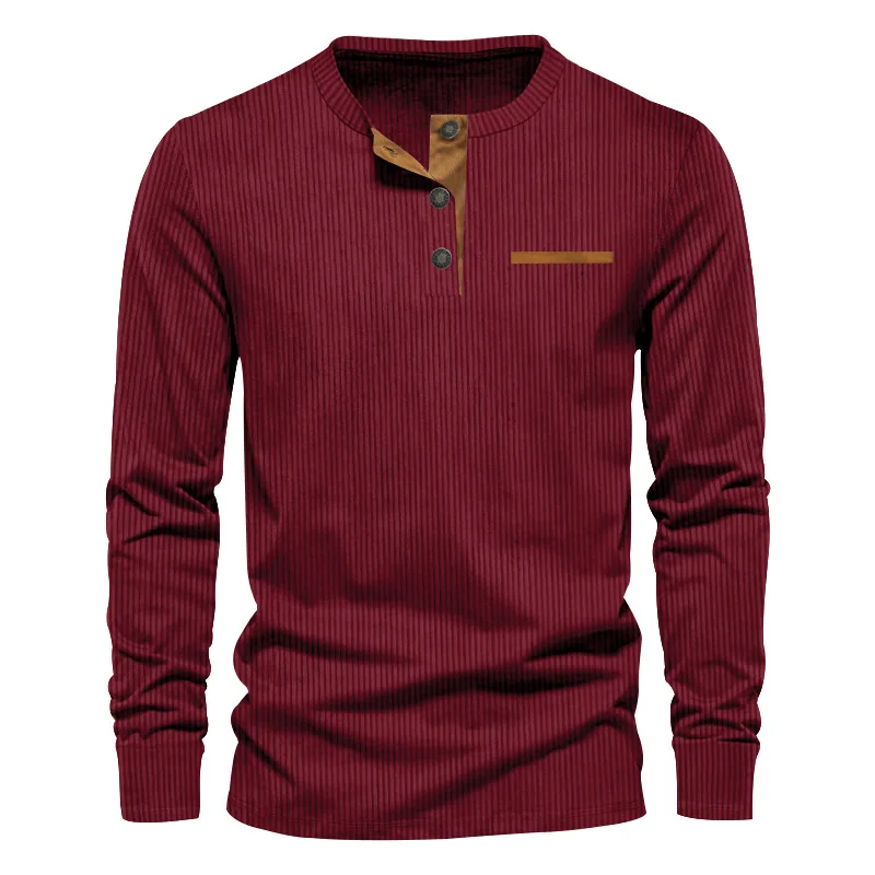New Men's Long Sleeve T-shirt Spring And Autumn Comfortable Corduroy Fake Pocket Daily Casual Henry Shirt Fashion Men's Clothing