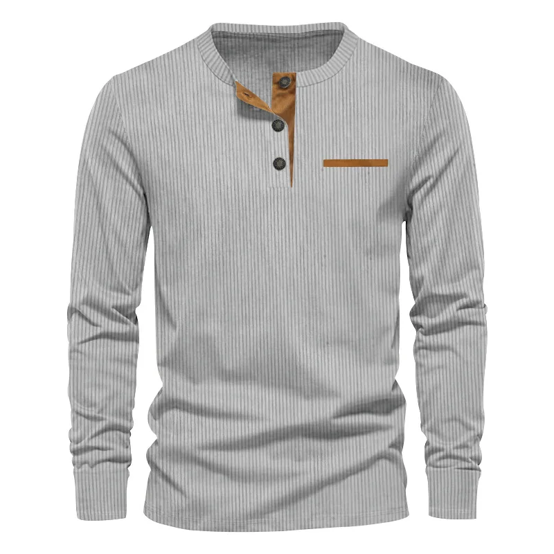 New Men's Long Sleeve T-shirt Spring And Autumn Comfortable Corduroy Fake Pocket Daily Casual Henry Shirt Fashion Men's Clothing